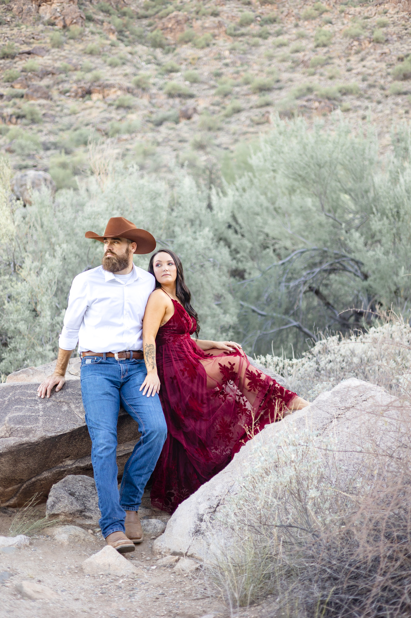 Engaged Couple at the White Tanks hiking trail for portraits