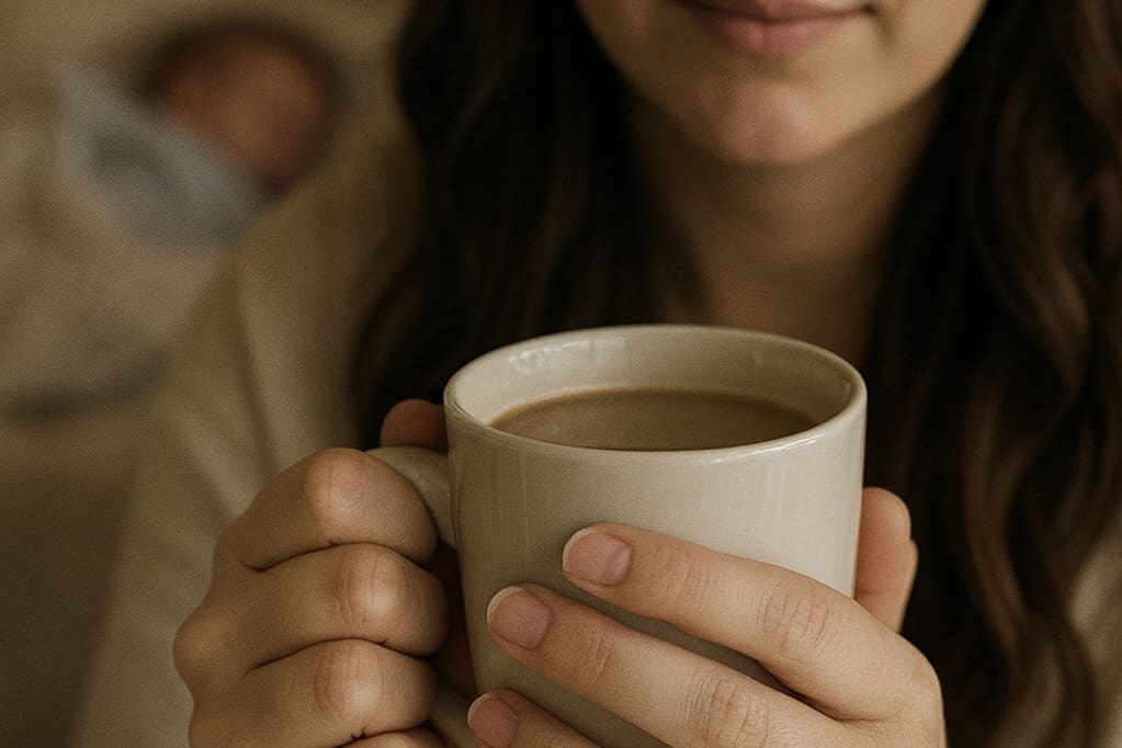 A young mother with long brown hair holds a beige coffee mug in both hands, wearing a rose gold pear-shaped engagement ring, with a newborn baby sleeping in the blurred background of a cozy living room.