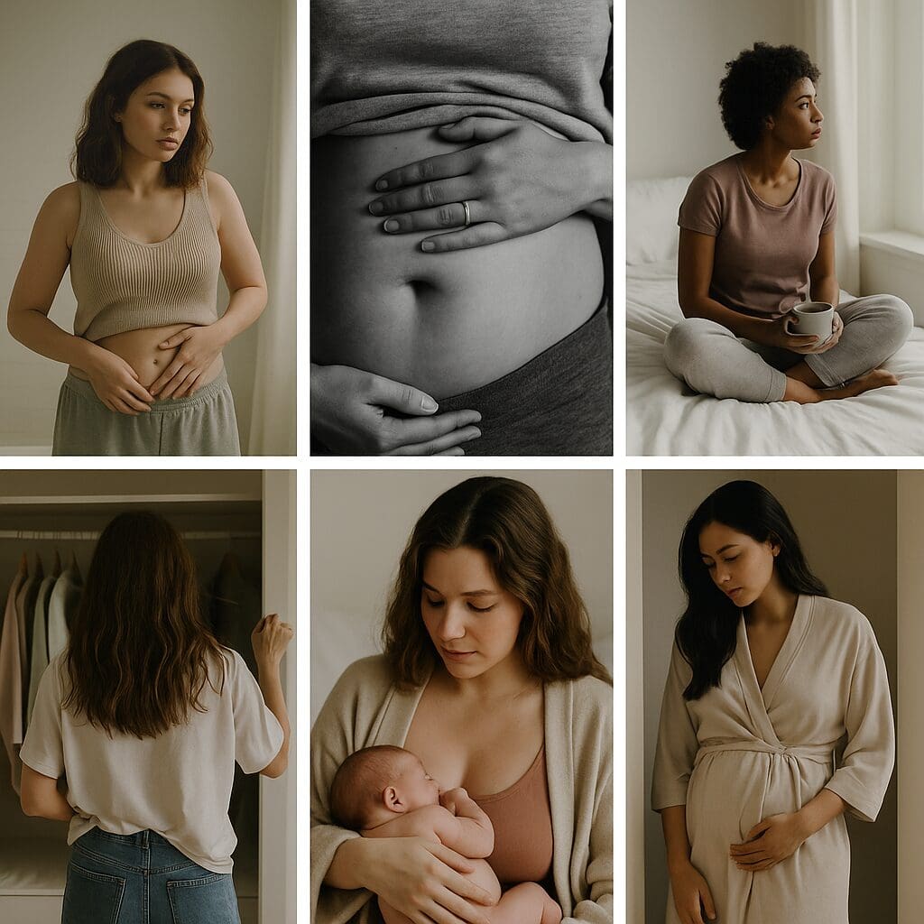Postpartum motherhood collage showing women reflecting on their bodies — soft mirror moments, cozy bedroom scenes, and tender baby snuggles in natural light.