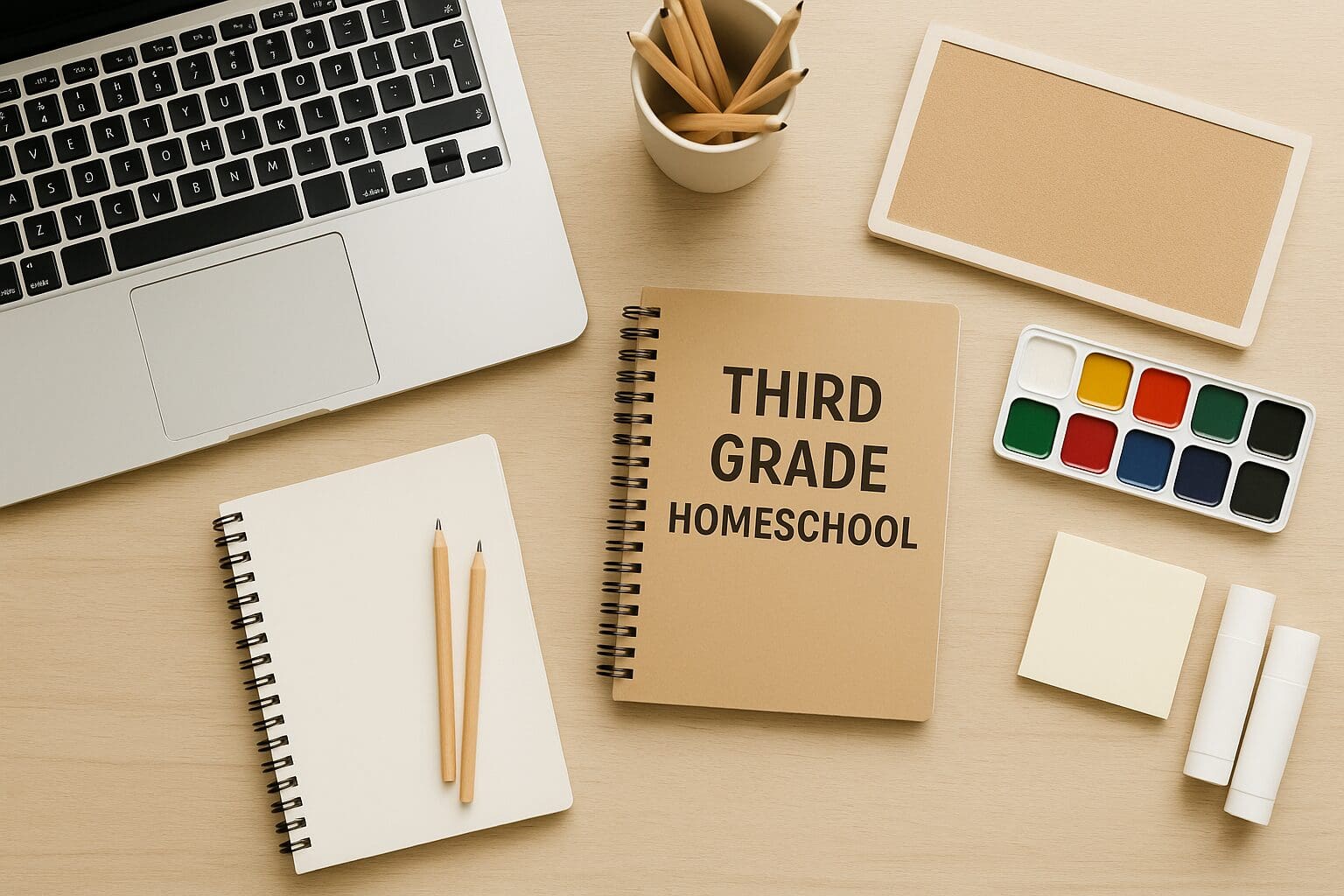 Flat lay of a modern homeschool desk with a laptop, neutral-toned school supplies, and a "Third Grade Homeschool" notebook.