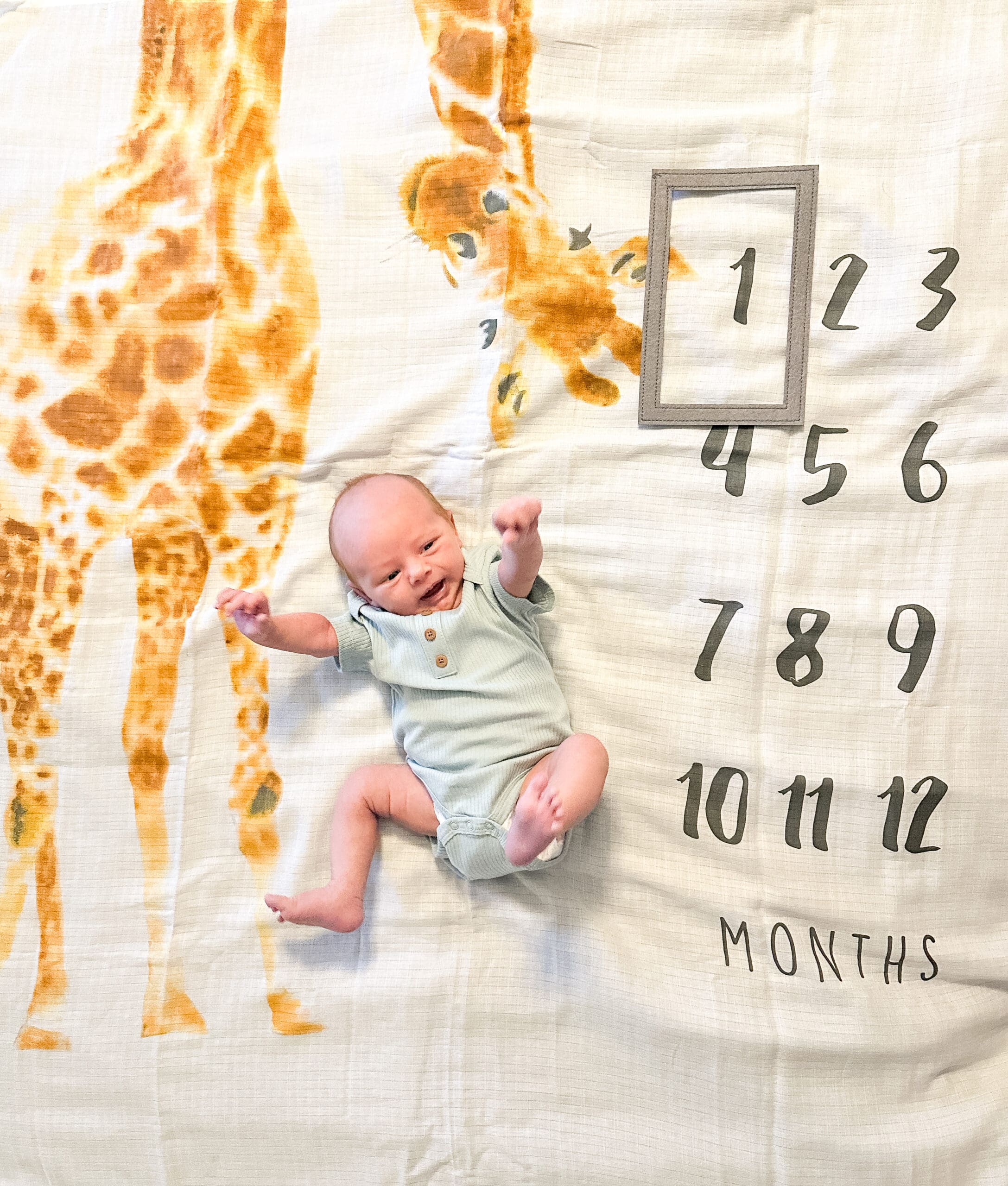 Newborn baby boy smiling at one month old milestone photo on giraffe-themed blanket.